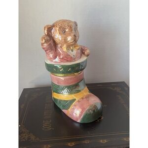 Holiday Collection Teddy Bear In A‎ Christmas Stocking, Ceramic, Hinged, 7.5"